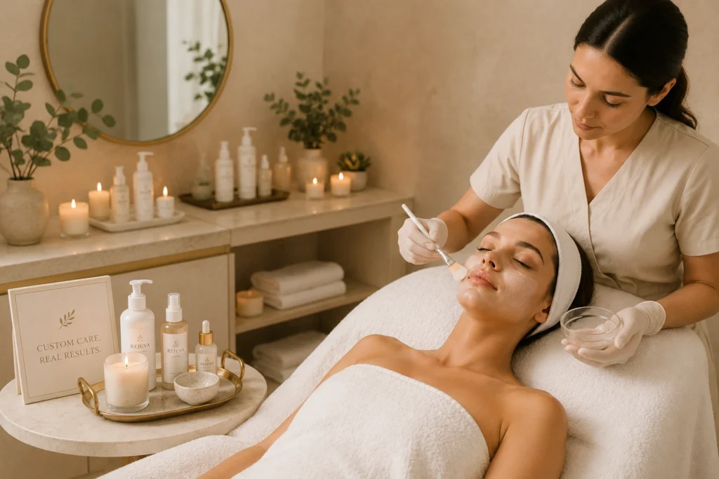Esthetician applying a facial treatment to a woman in a luxury skincare spa setting.