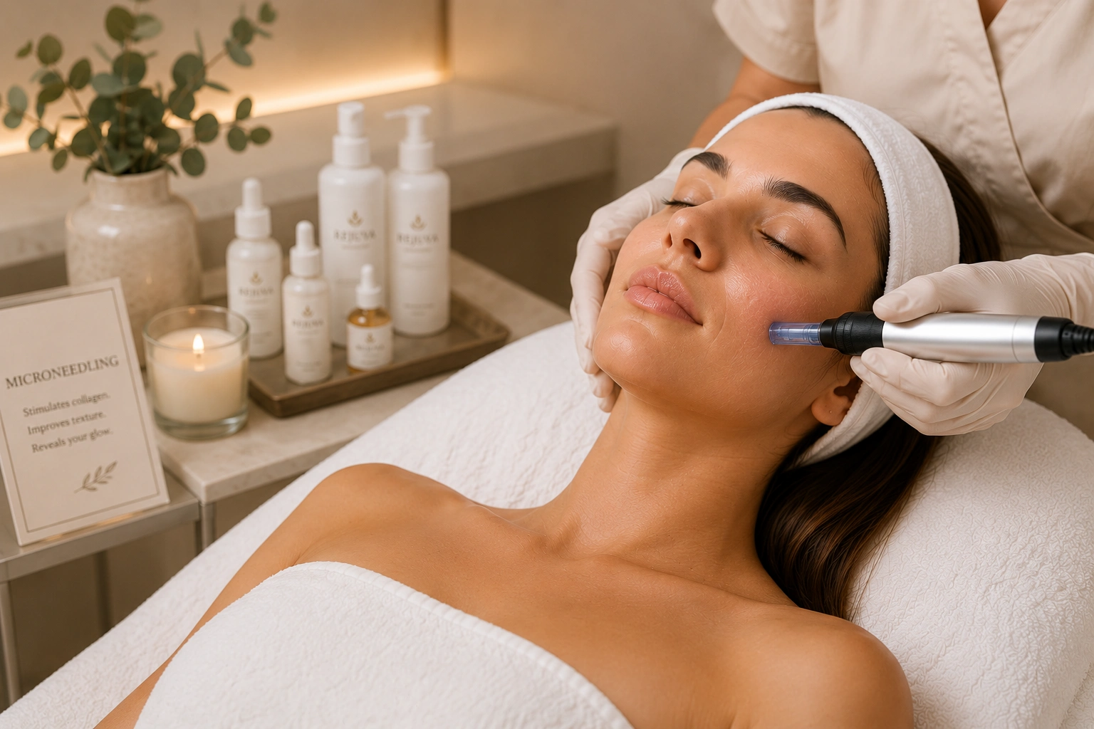 Professional microneedling treatment being performed on a client's face at Rejuva Glow Beauty.